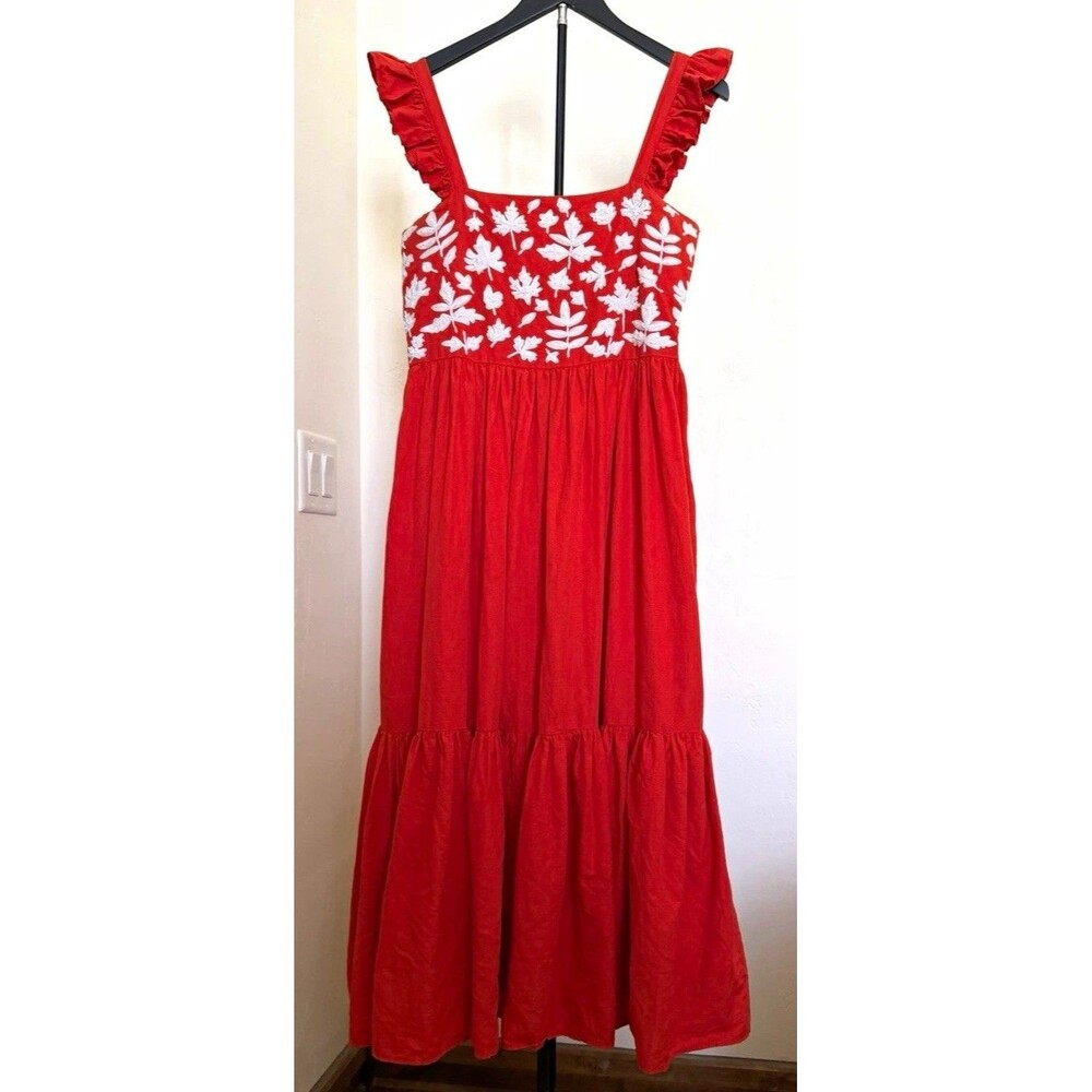 Carolina K Kuna Dress L Cotton Linen Leaf Embroidery Ruffle Strap Midi Red White